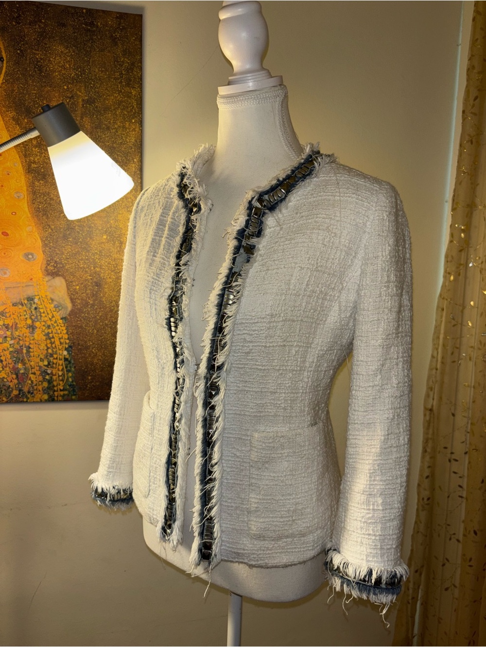 Boston Proper Cream Bouclé Jacket with Black Trim